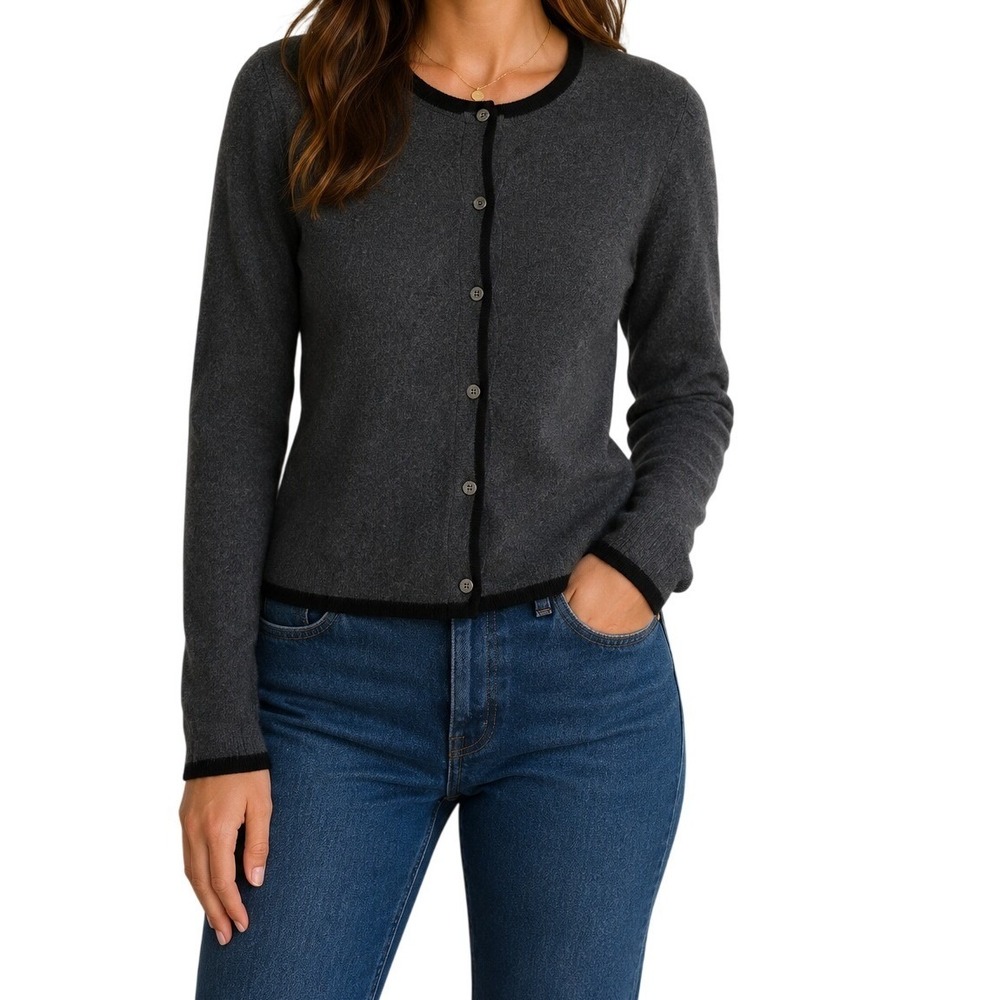 Croft & Barrow Gray With Black Trim 100% Cashmere Cardigan Sweater Women's XL‎